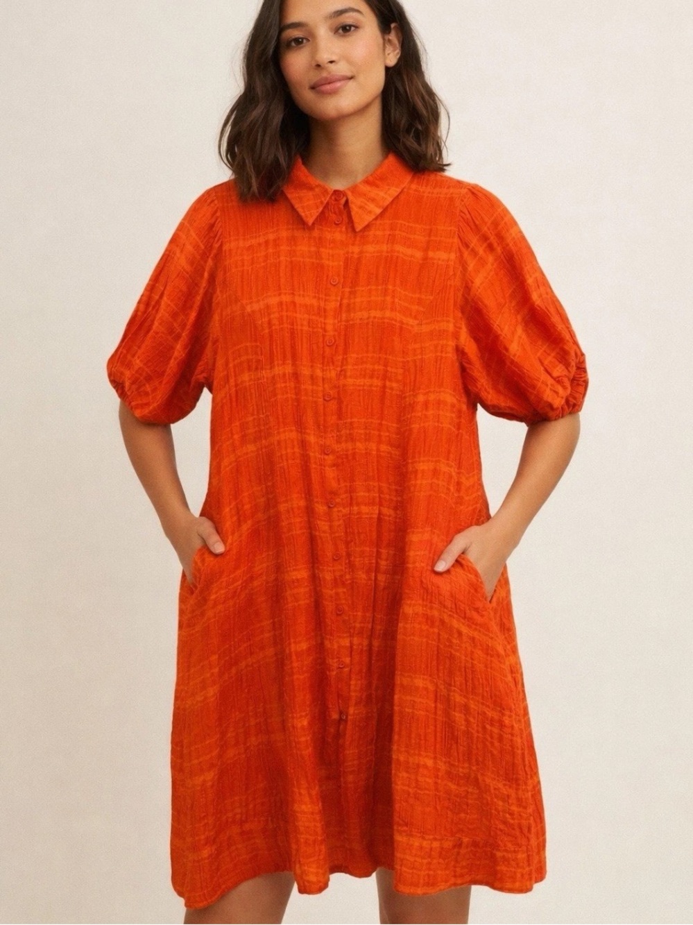 Oliver Bonas Button-Front Shirt Mini Dress in Bright Orange with Puff Sleeves